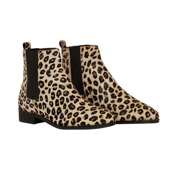 Women's Western Boots with a leopard print design in low heel, including a black elastic side panel