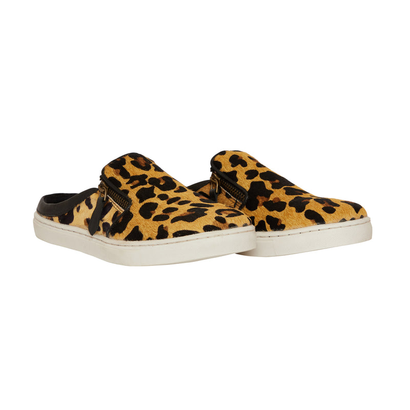 Western sneakers with a leopard print design with a white sole that contrasts the upper part