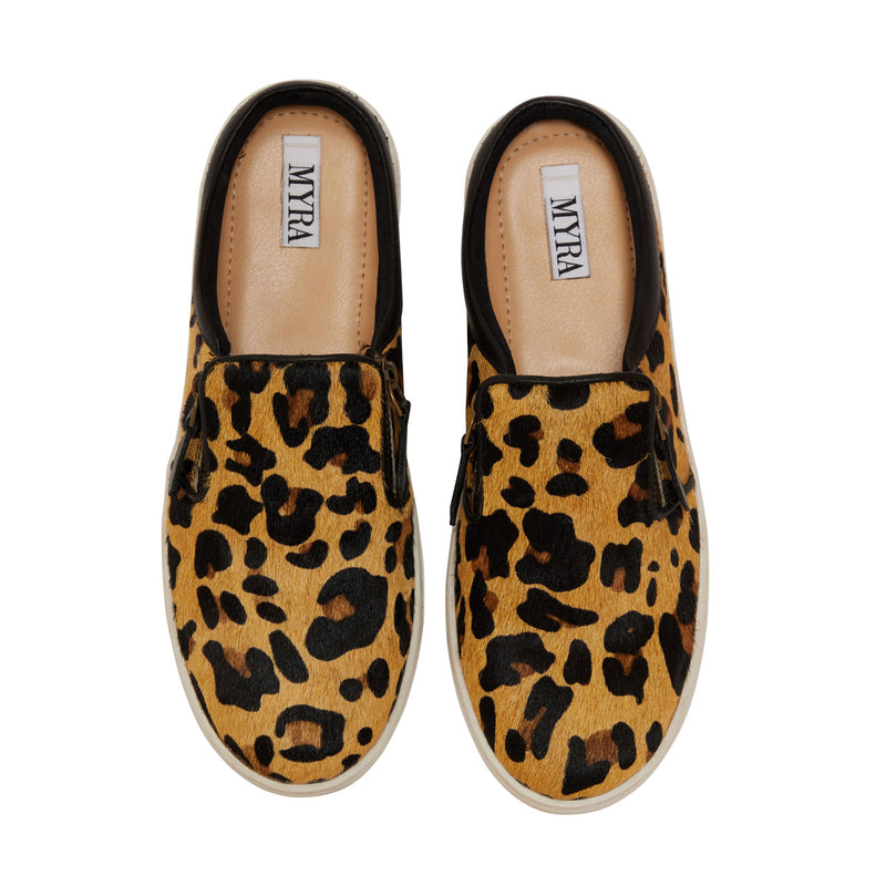 Western sneakers with a leopard print design with a white sole that contrasts the upper part