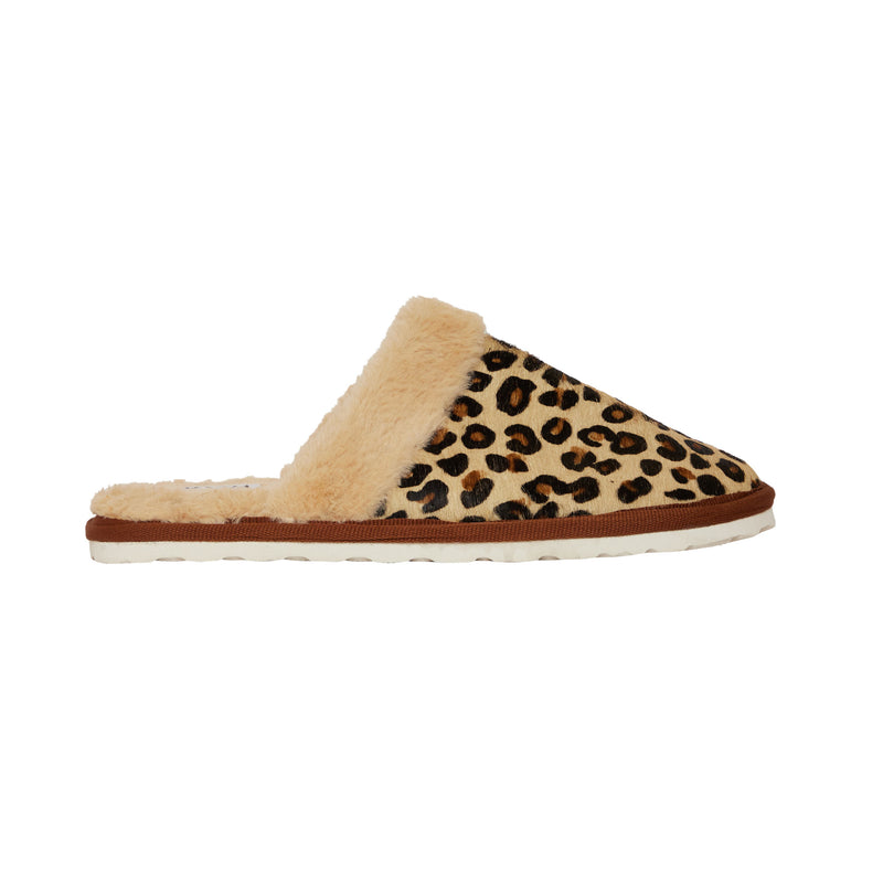 Top view of animal print Myra slippers with faux fur lining