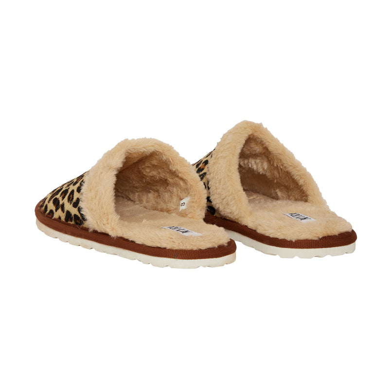 Top view of animal print Myra slippers with faux fur lining