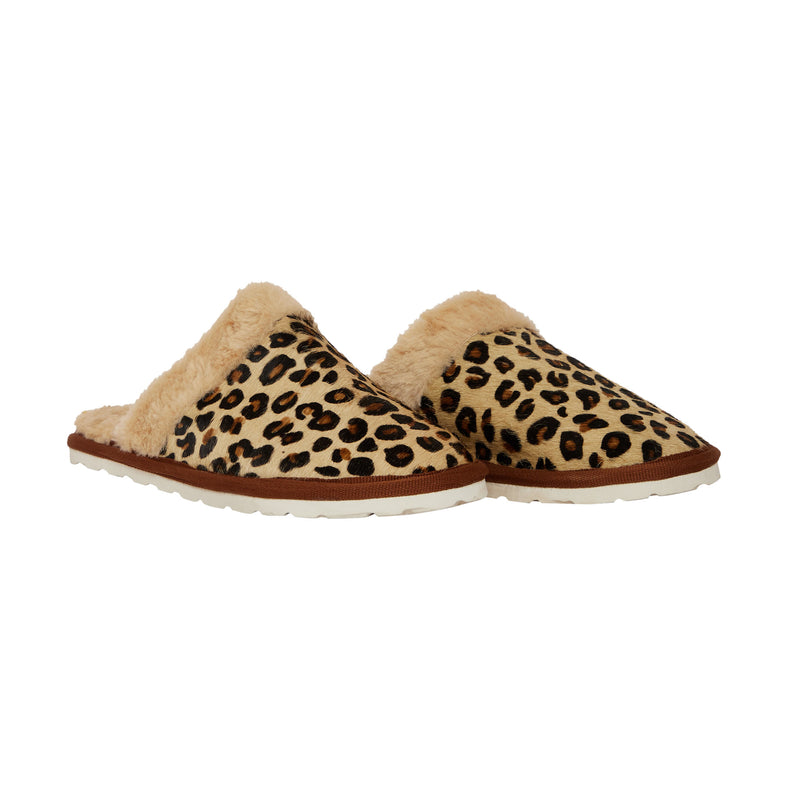 Top view of animal print Myra slippers with faux fur lining