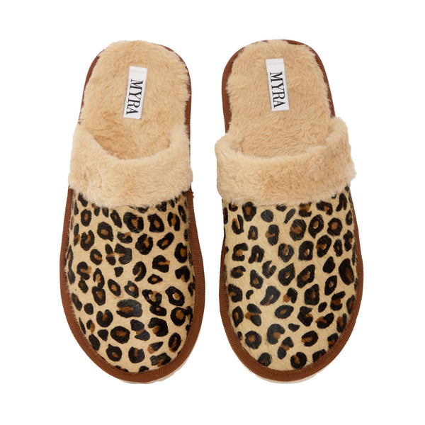 Top view of animal print Myra slippers with faux fur lining