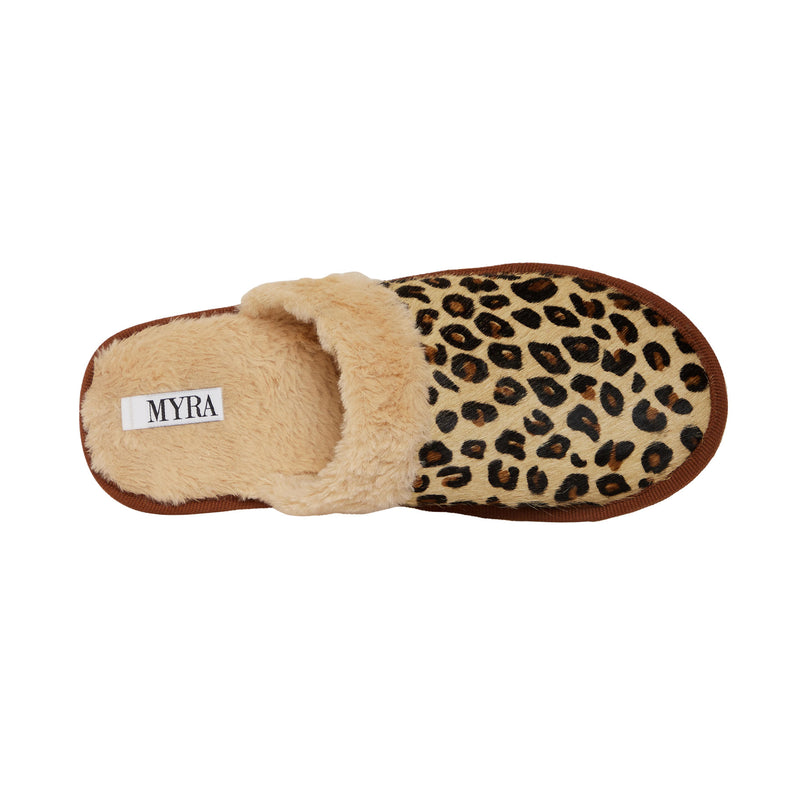 Top view of animal print Myra slippers with faux fur lining