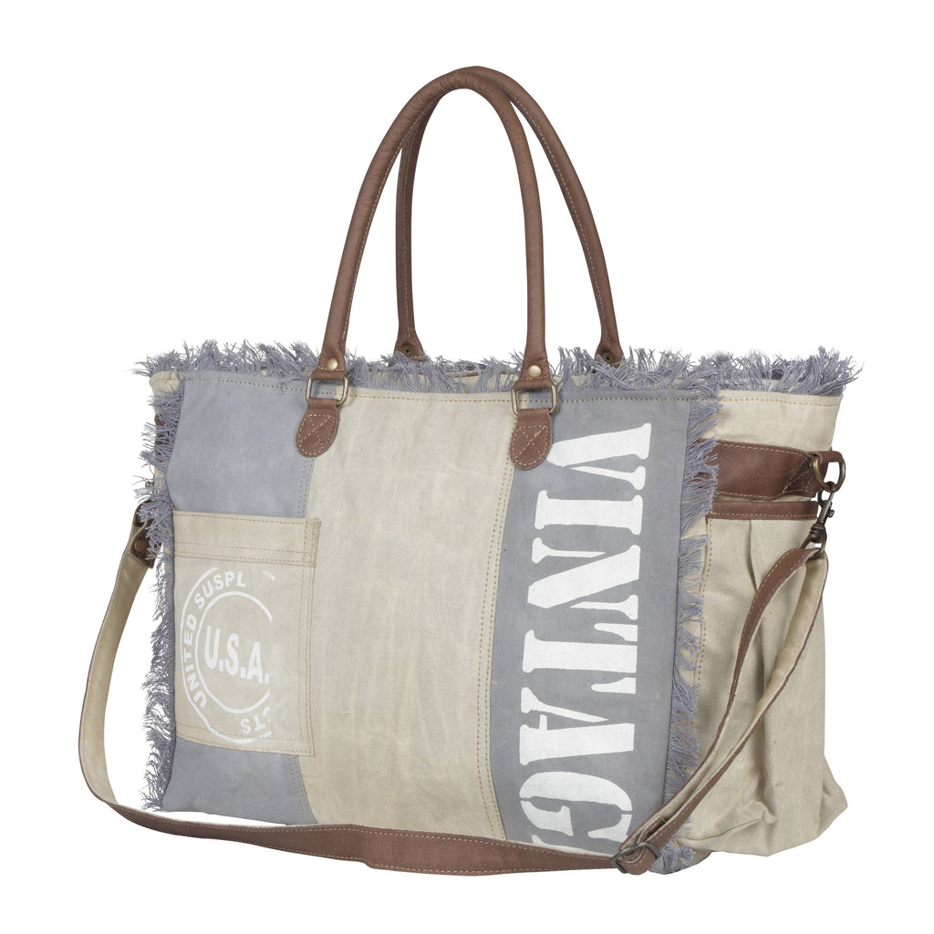 Myra Bag Handmade Nostalgia Weekender Bag Upcycled Canvas & Cowhide Leather  | eBay
