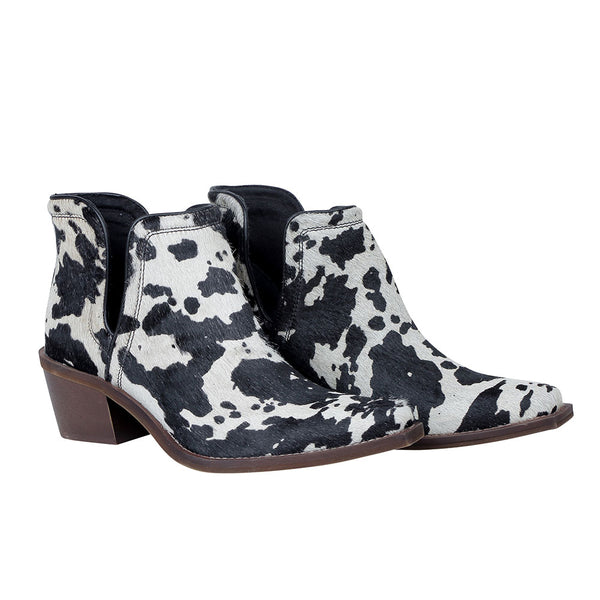 Women's Classic Western Booties in black and white cowhide with pointed toe and low block heels