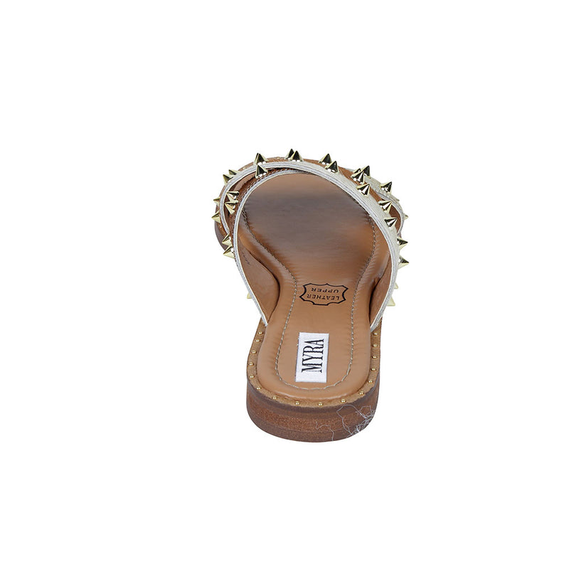 Trendy western sandals with an open-toe design in brown and white colour with numerous metallic spikes