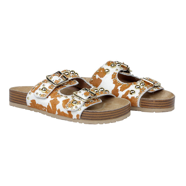 Leather Sandals for Women with white and brown hairon leather