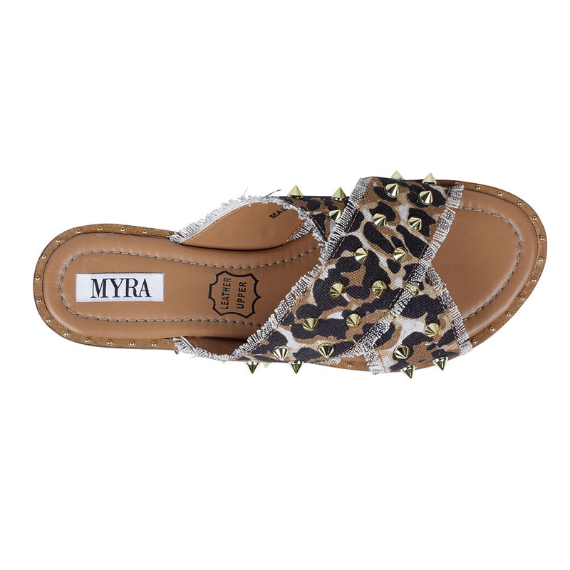 Unique flats for women with a leopard print pattern on the straps and small shiny studs