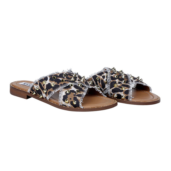 Unique flats for women with a leopard print pattern on the straps and small shiny studs