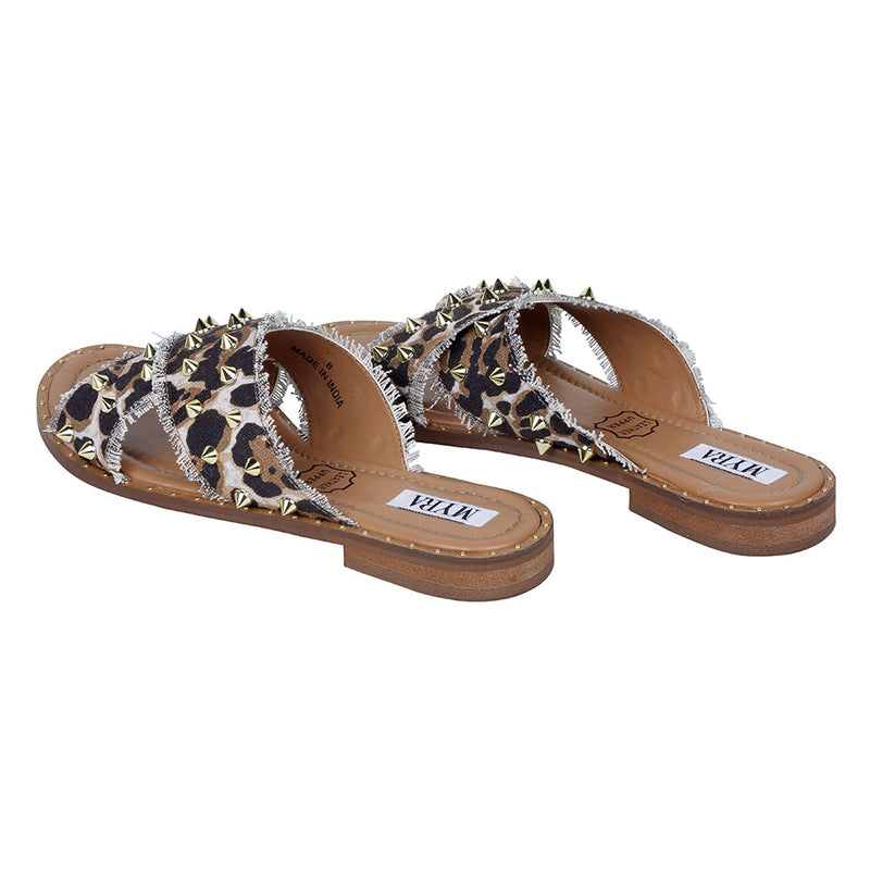 Unique flats for women with a leopard print pattern on the straps and small shiny studs