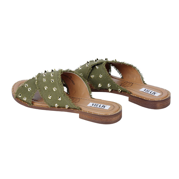 Western Flats for Women in green colour with two straps, each adorned with numerous small metallic spikes