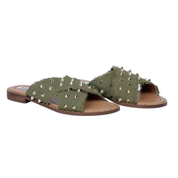 Western Flats for Women in green colour with two straps, each adorned with numerous small metallic spikes