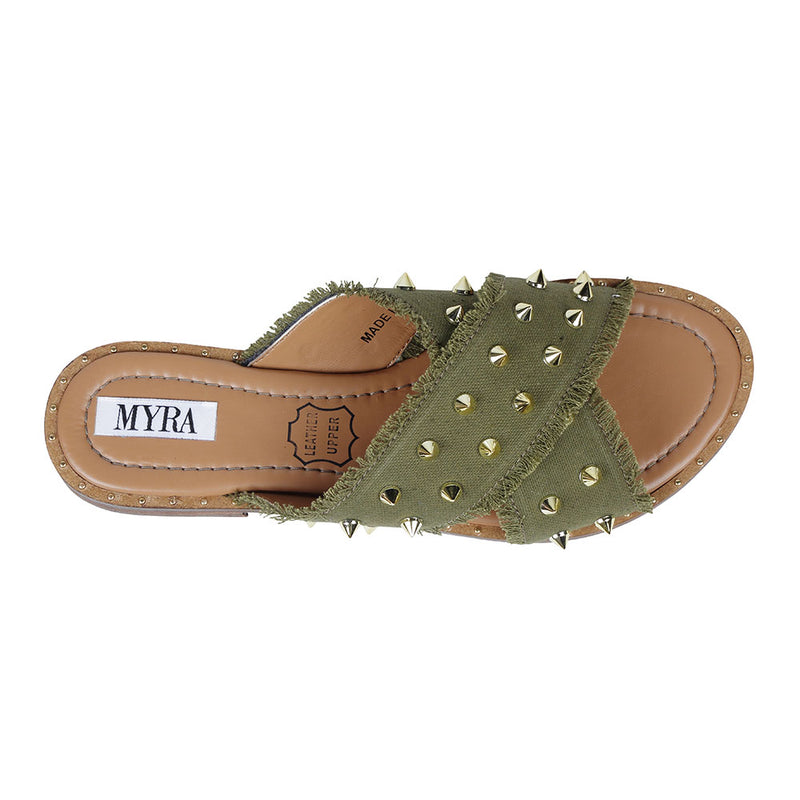 Western Flats for Women in green colour with two straps, each adorned with numerous small metallic spikes