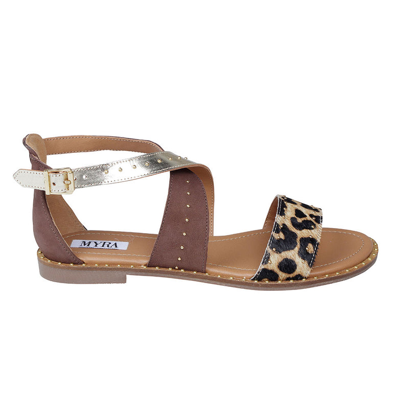 Western sandals with open-toe design in a combination of solid brown, tiger print, and metallic strap details