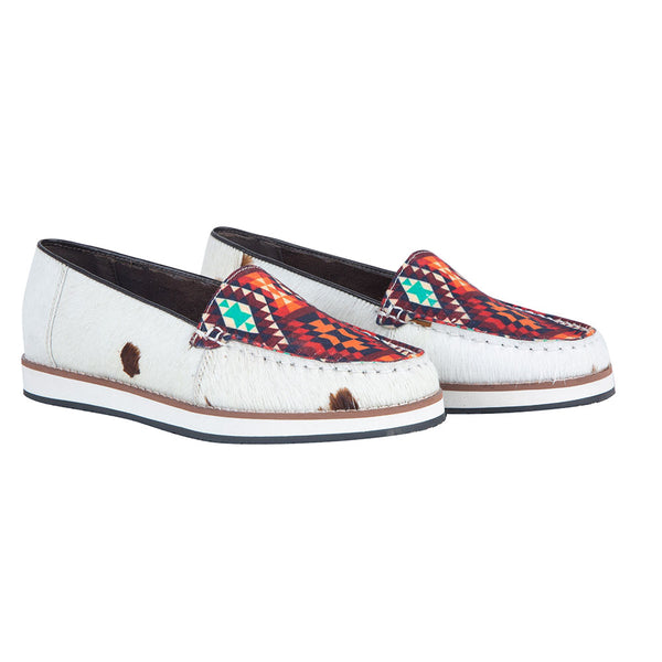 Western sneakers with colorful patterned design and hairon leather in white and brown color