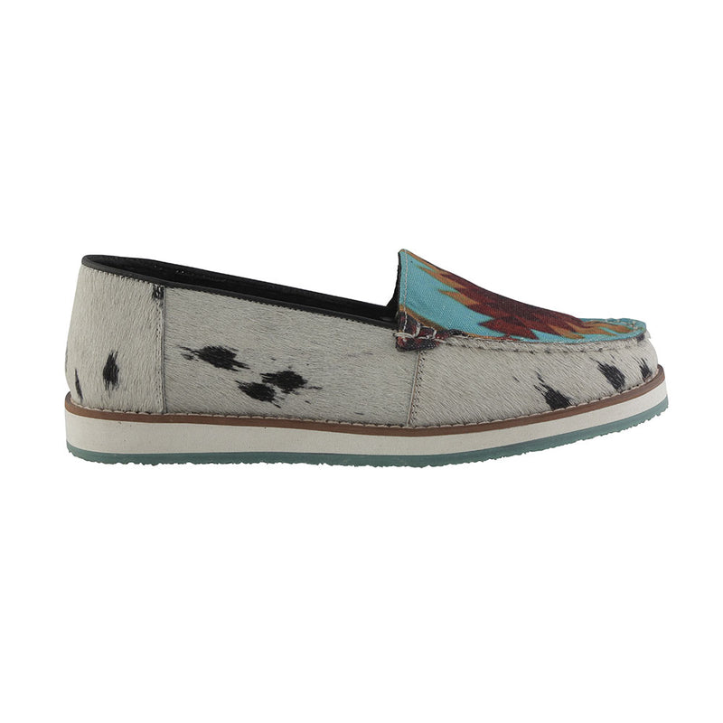 western sneaker with white hairon leather and black speckles and a colorful geometric pattern on the top