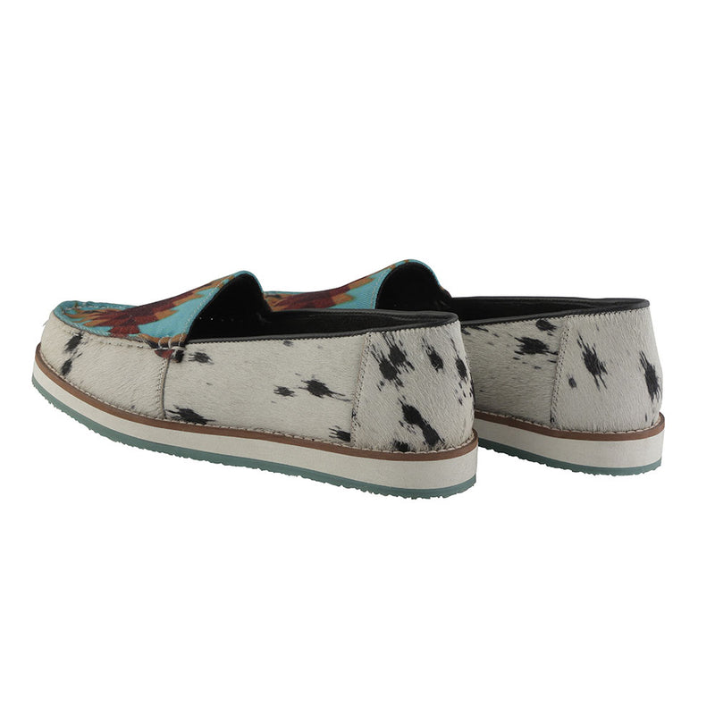 western sneaker with white hairon leather and black speckles and a colorful geometric pattern on the top