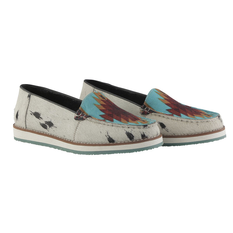 western sneaker with white hairon leather and black speckles and a colorful geometric pattern on the top