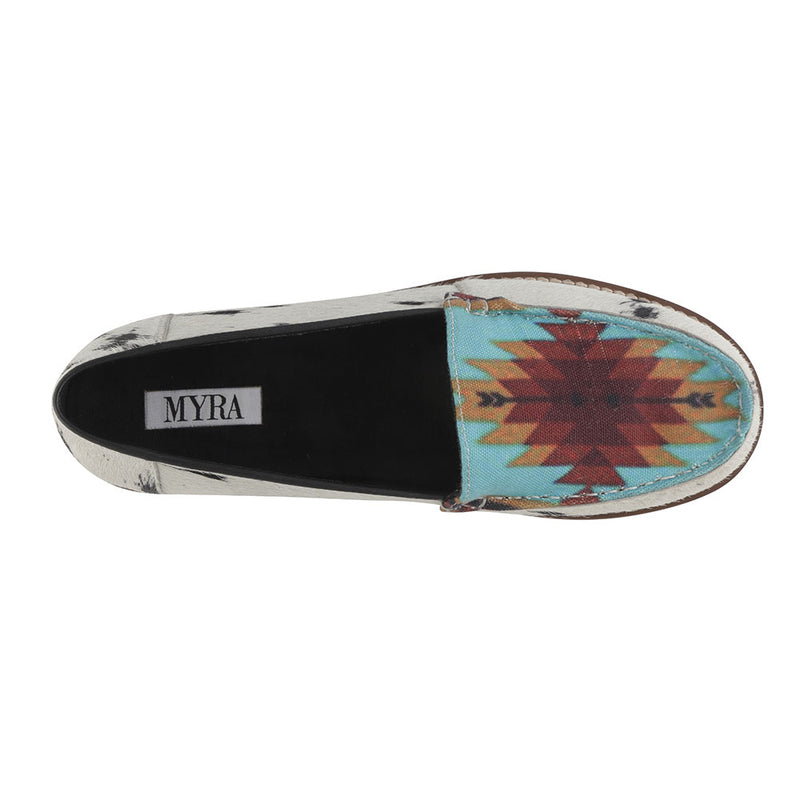 western sneaker with white hairon leather and black speckles and a colorful geometric pattern on the top