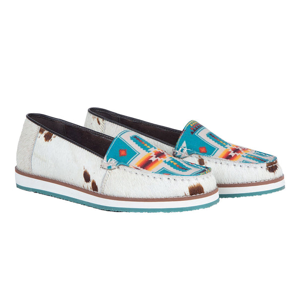 Western sneakers in white hairon leather and vibrant blue textile front