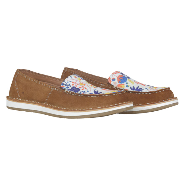 Brown western sneakers with floral and foliage pattern on white base top