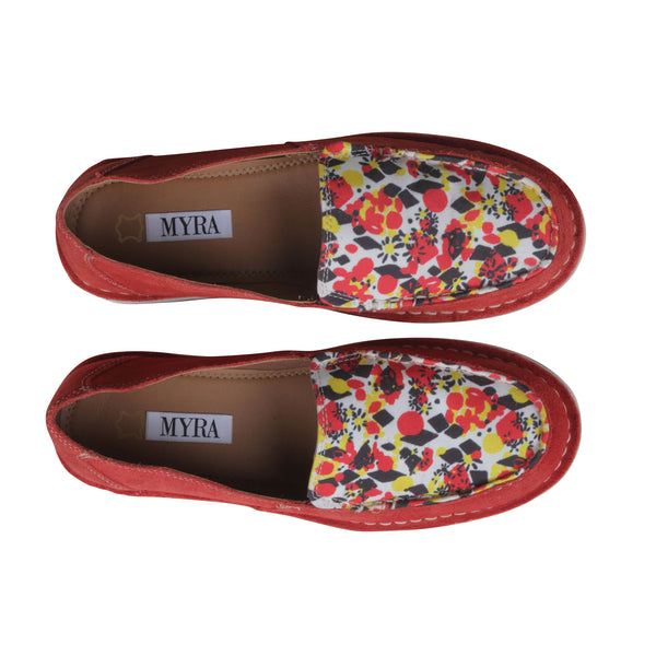 Cherry red western sneakers with a colorful floral pattern