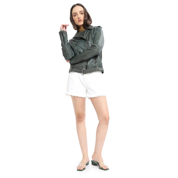 Washed Green Studded  LEATHER Jacket - MyraUSA