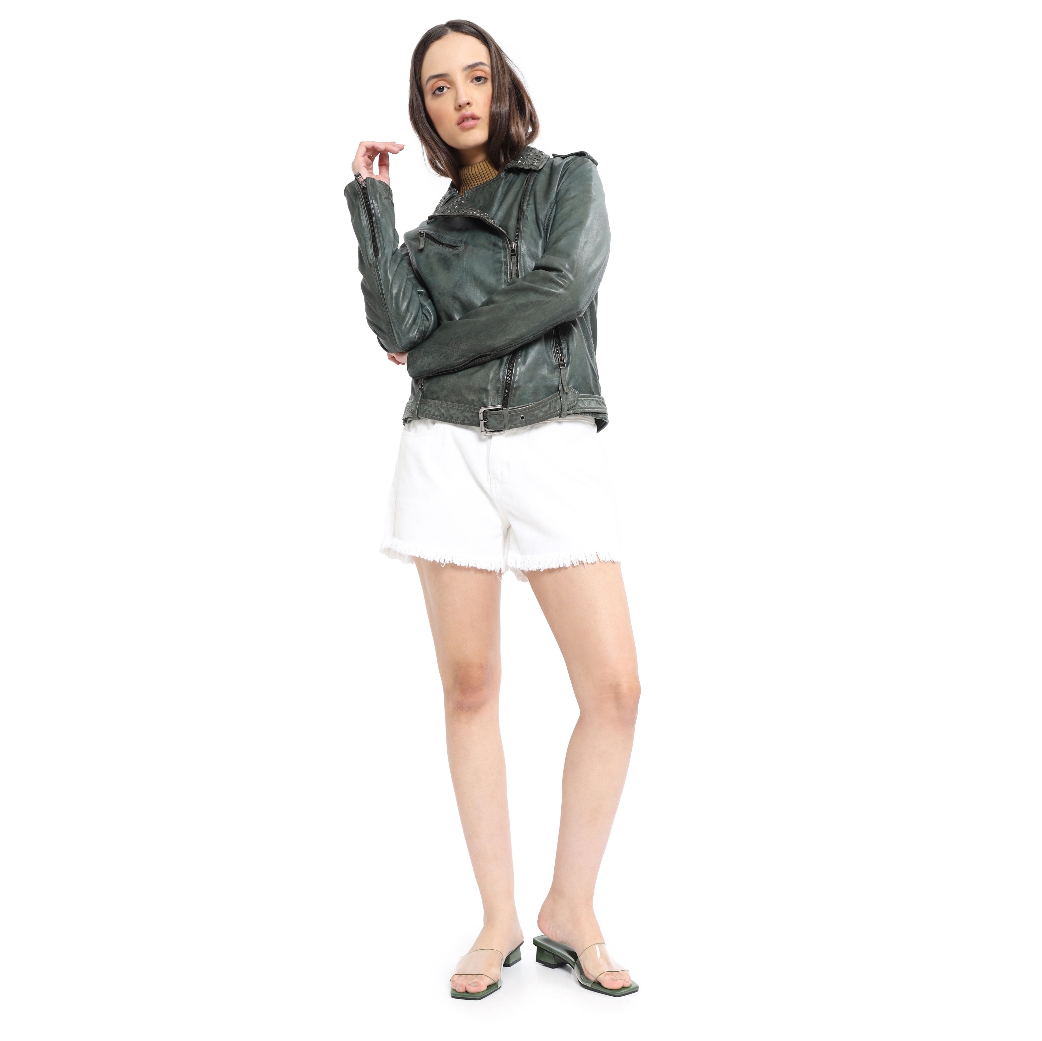 Washed Green Studded  LEATHER Jacket - MyraUSA