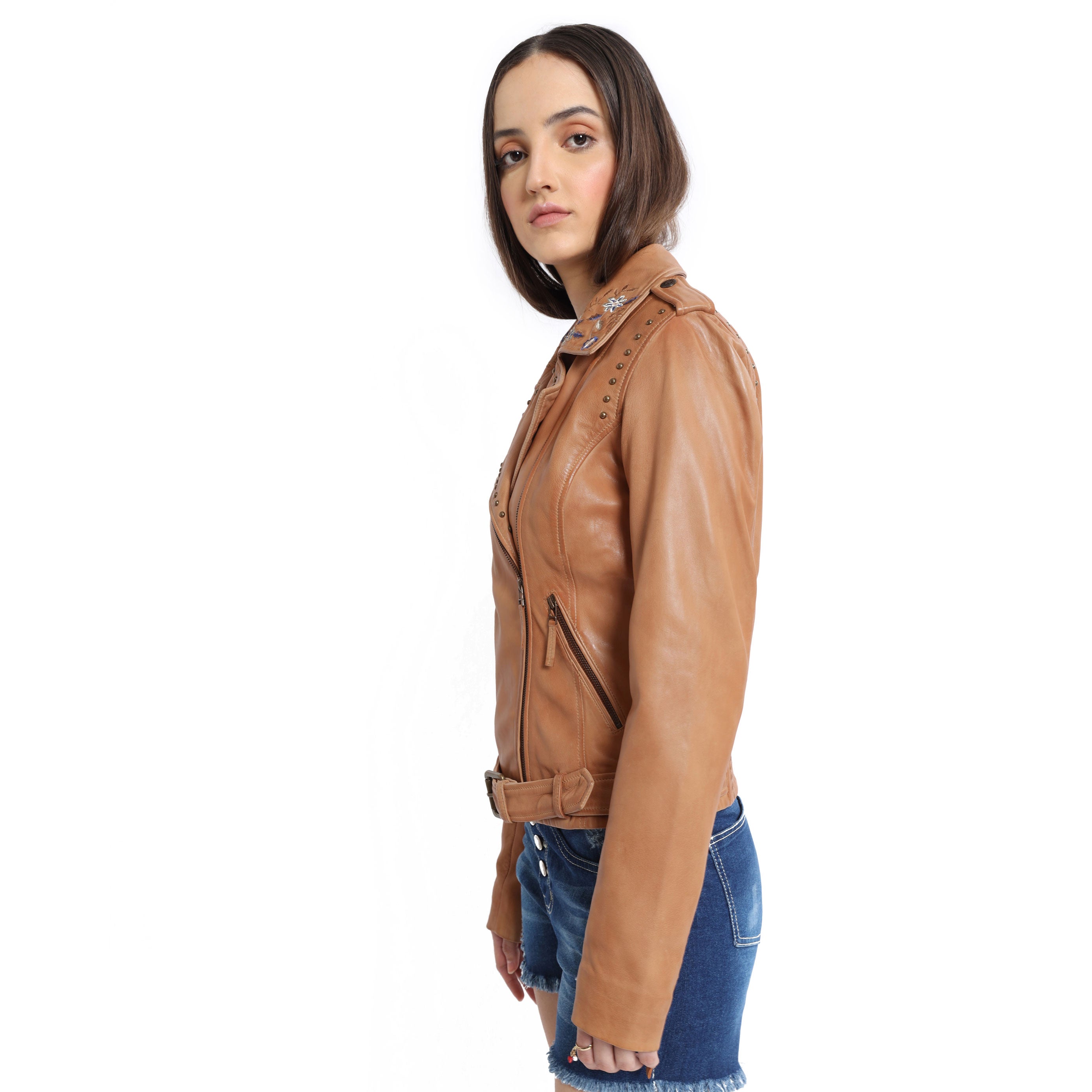 Tanned Embroidered   LEATHER Jacket - MyraUSA