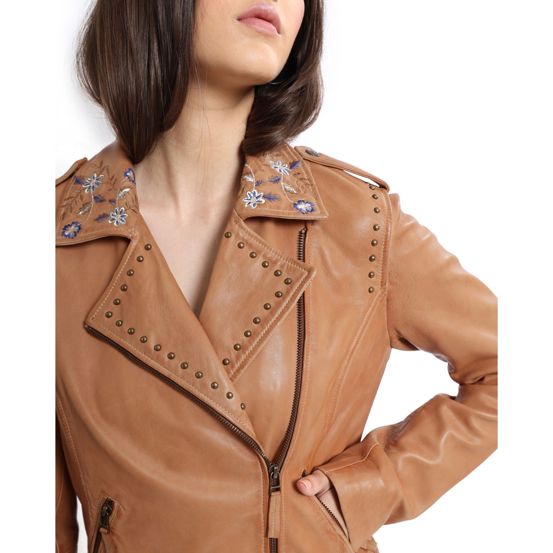 Tanned Embroidered   LEATHER Jacket - MyraUSA
