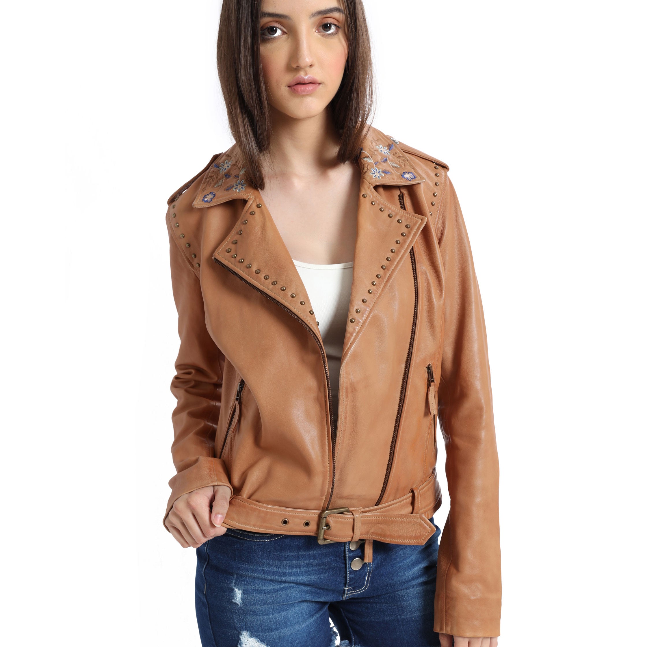 Tanned Embroidered   LEATHER Jacket - MyraUSA