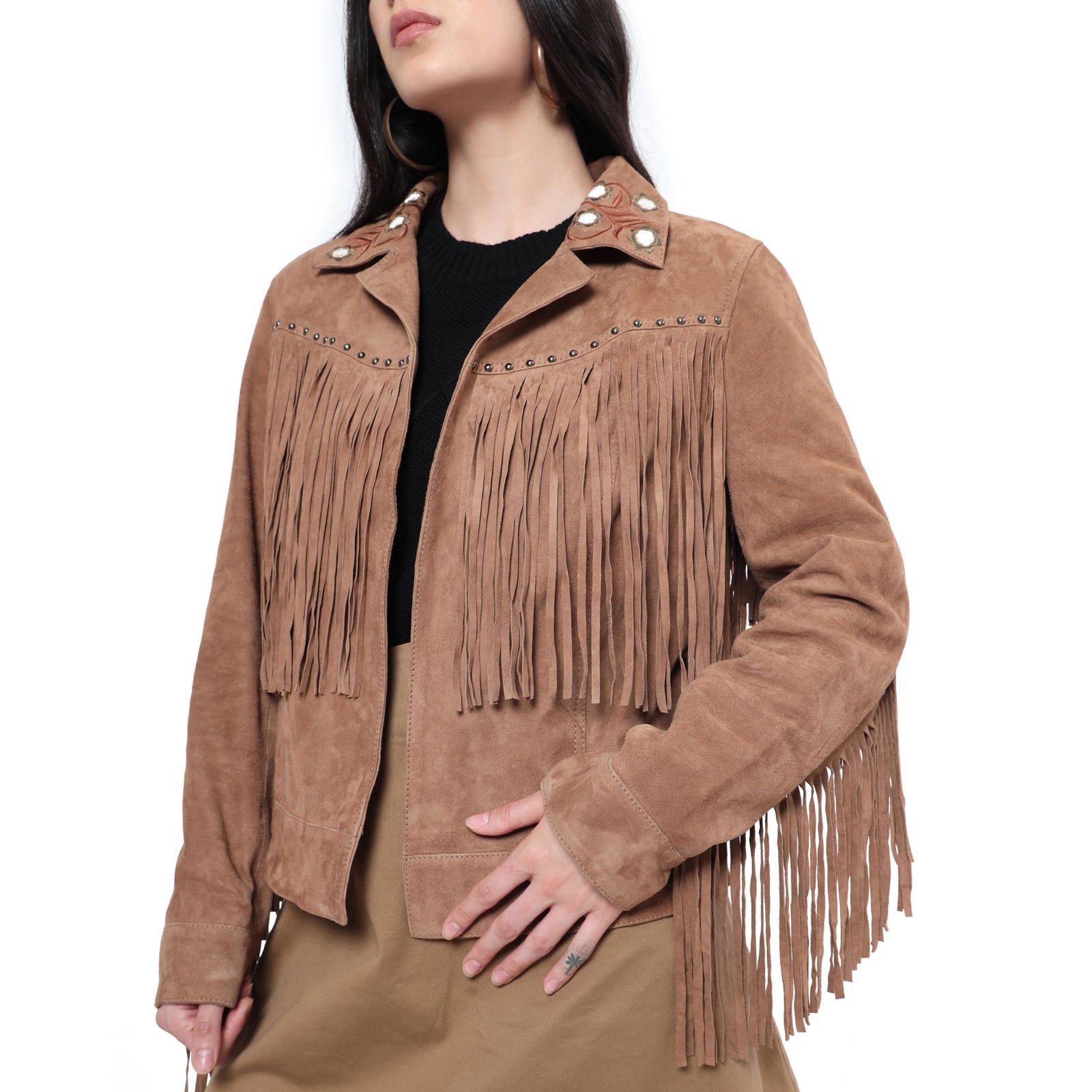 Leather jacket fringe sleeves hotsell