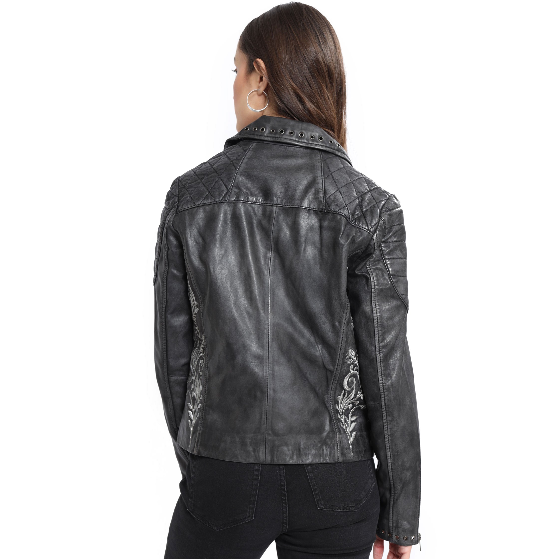 Black Embroidered Biker LEATHER Jacket - MyraUSA