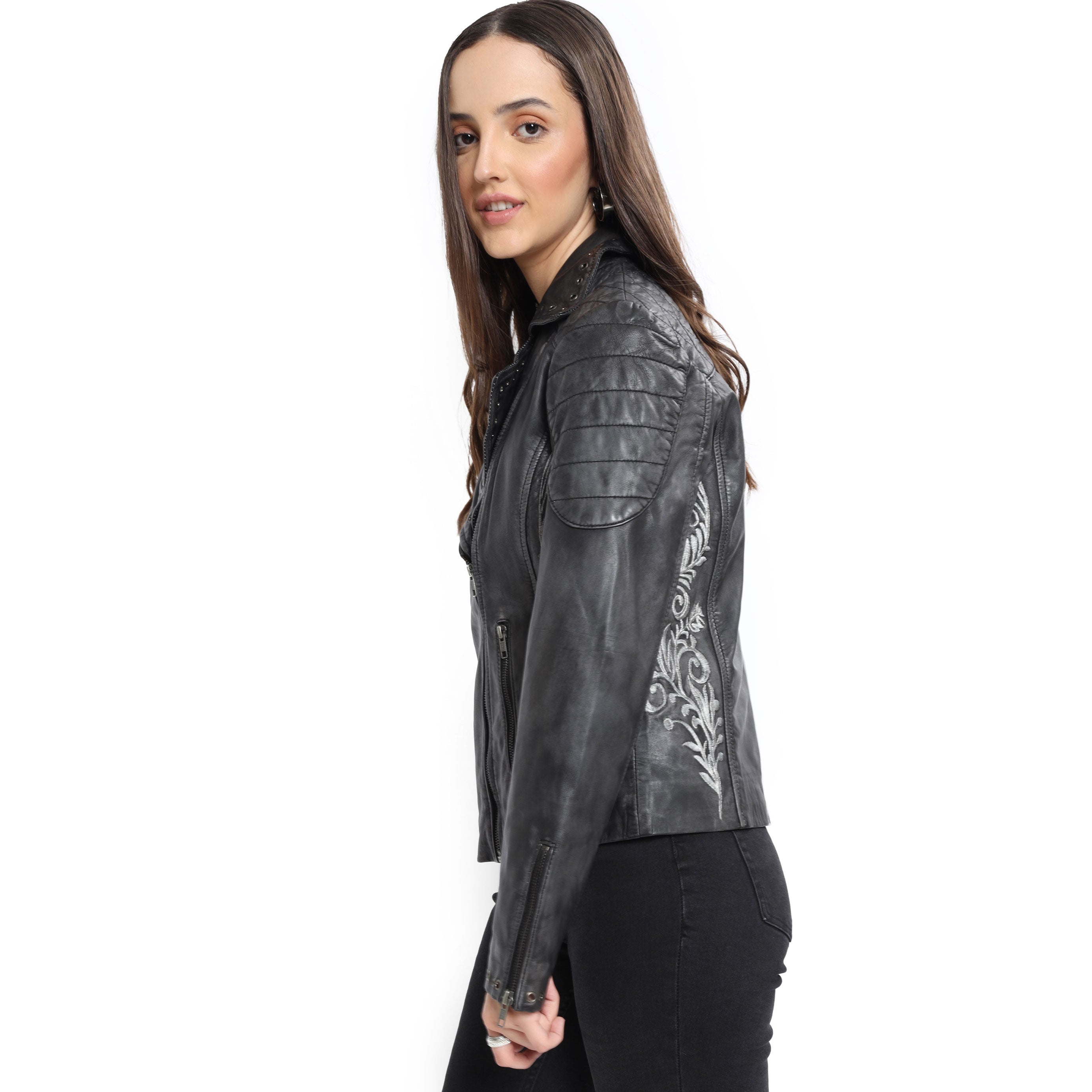 Black Embroidered Biker LEATHER Jacket - MyraUSA