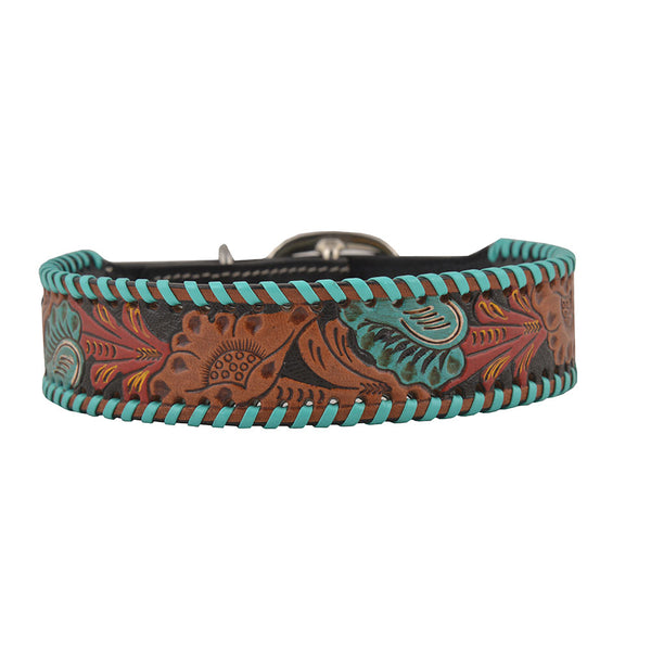 Full bloom Hand-Tooled Leather Dog Collar