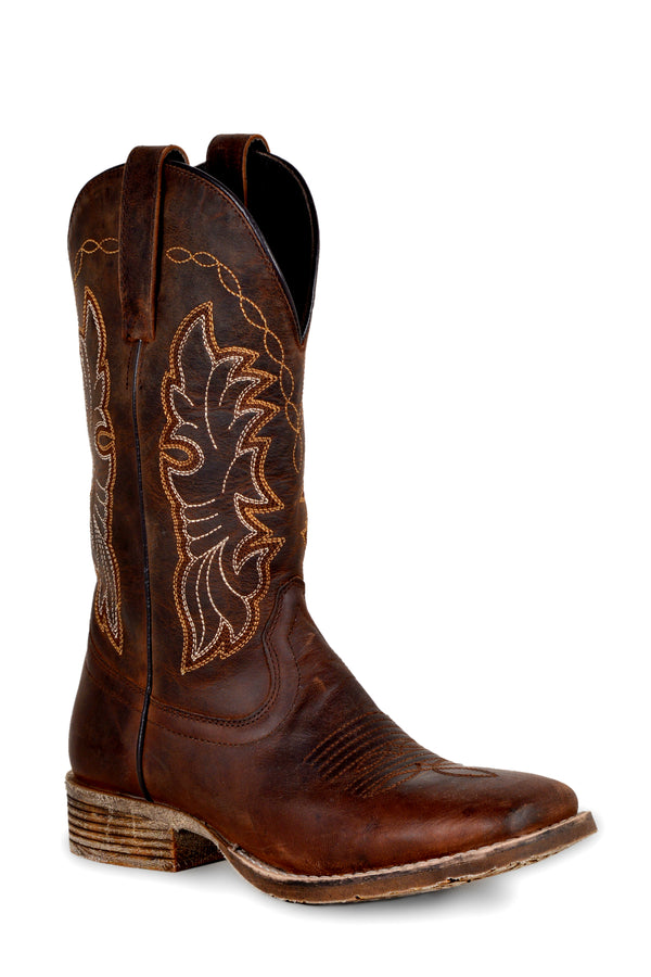 Rugged western boots in brown leather with embroidery