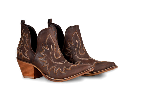 Embroided western cowgirl booties in dark brown with sunburst patterns