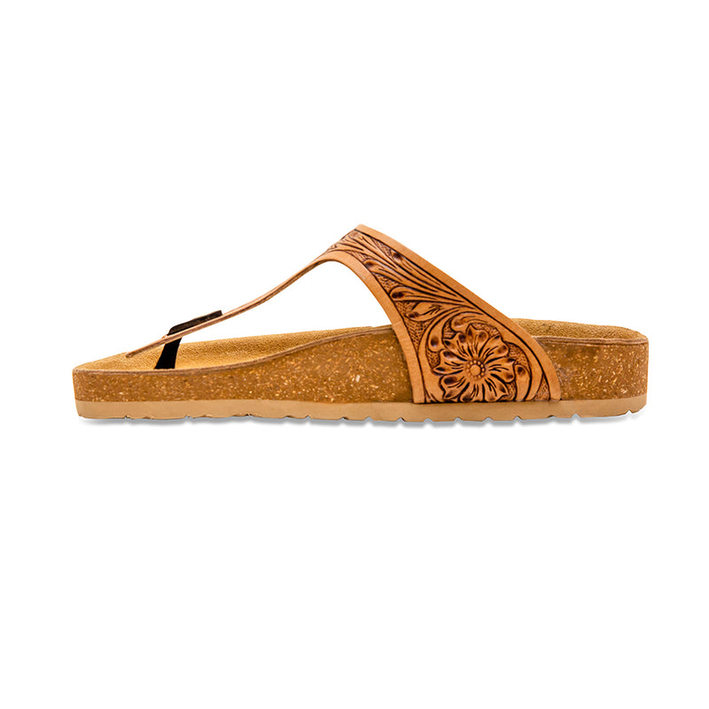 Brown Handtooled sandals for women with embossed starp