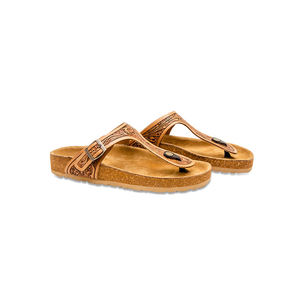 Brown Handtooled sandals for women with embossed starp