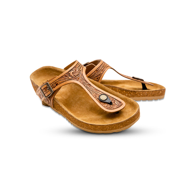 Brown Handtooled sandals for women with embossed starp