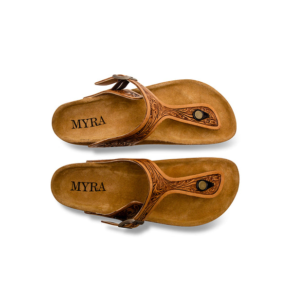 Brown Handtooled sandals for women with embossed starp