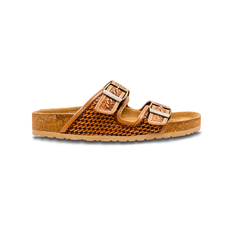 Handtooled sandals for women with brown sole and two straps over the top