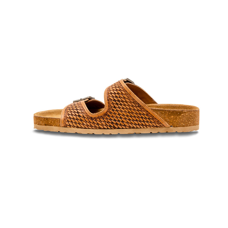 Handtooled sandals for women with brown sole and two straps over the top