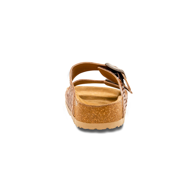 Handtooled sandals for women with brown sole and two straps over the top