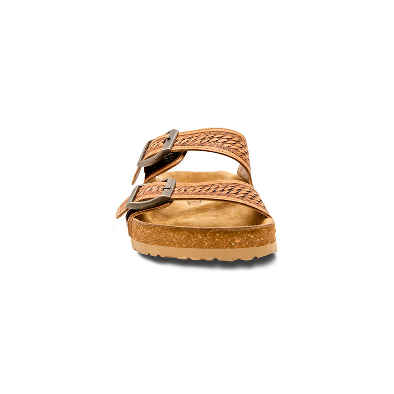 Handtooled sandals for women with brown sole and two straps over the top