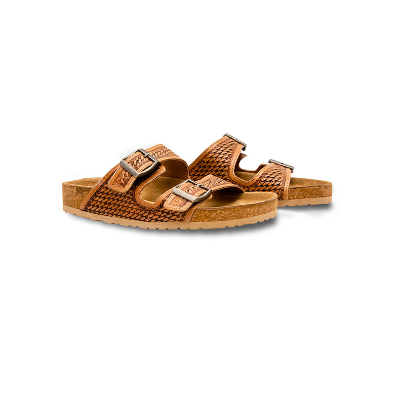 Handtooled sandals for women with brown sole and two straps over the top