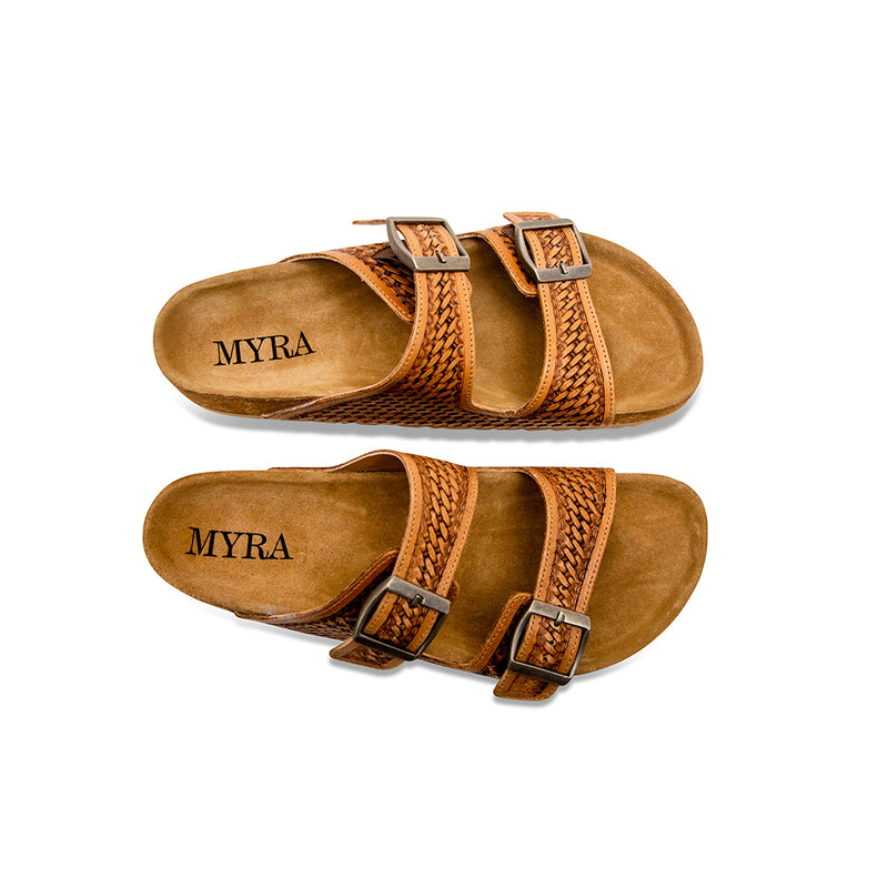 Handtooled sandals for women with brown sole and two straps over the top