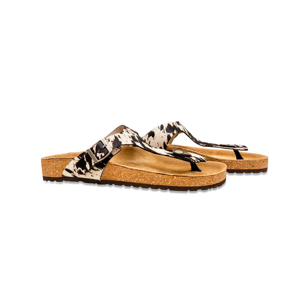 Open-toed Handtooled sandals for women with a strap over the top of the foot in animal print pattern