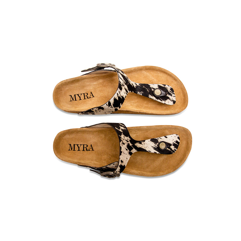 Open-toed Handtooled sandals for women with a strap over the top of the foot in animal print pattern